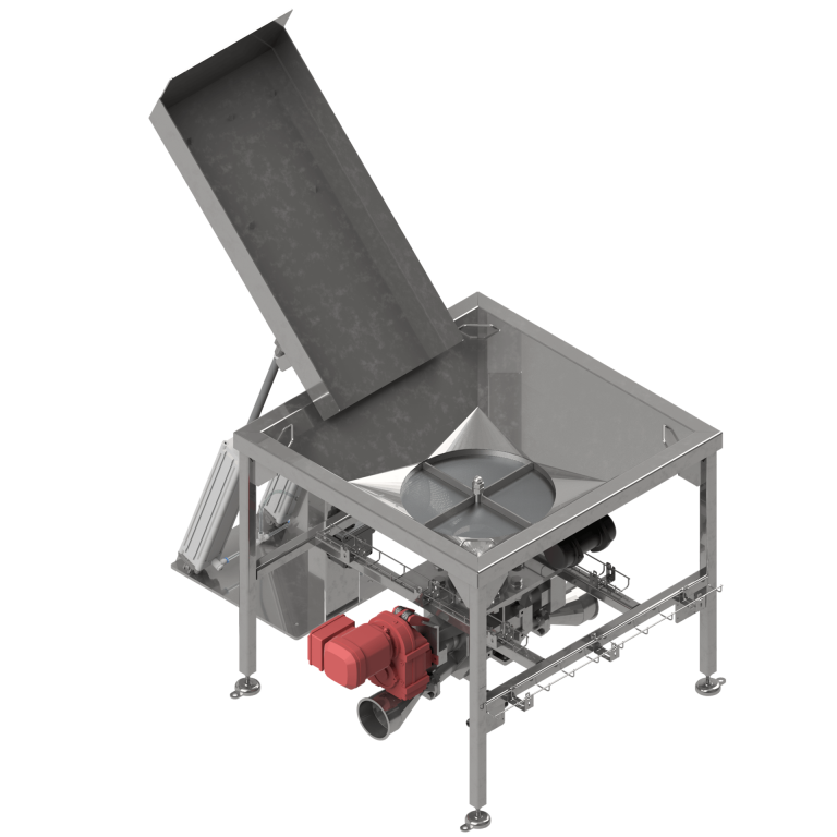 Dosiersieb mit einer Sackentleervorrichtung in Entleerstellung, ohne Produkt