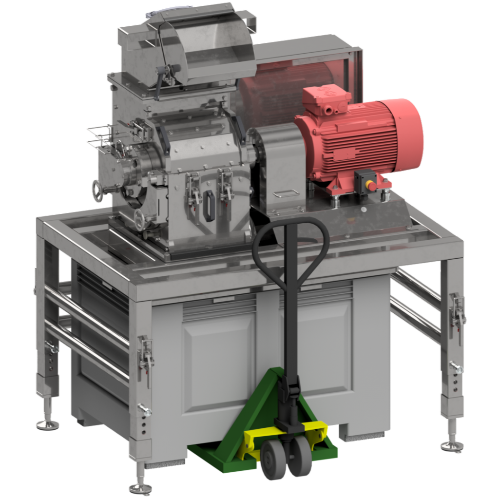 Hammermühle HM342 mit manueller Produktaufgabe und Austrag in Transportkiste