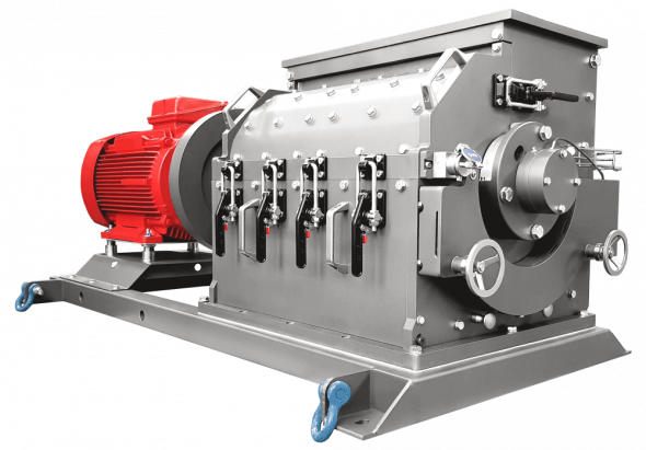 Hammermühle HM 672 in Edelstahl, Ansicht von rechts, mit rotem Direktantrieb