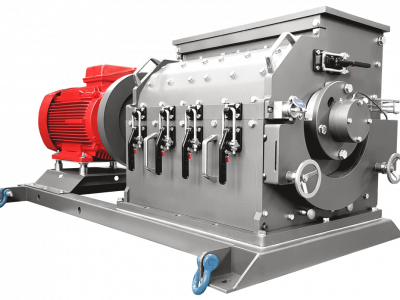 Hammermühle HM 672 in Edelstahl, Ansicht von rechts, mit rotem Direktantrieb