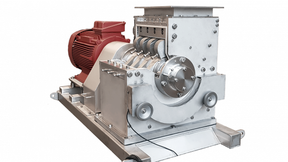 Schneidmühle CM 342 in Edelstahl, Ansicht von rechts, mit rotem Direktantrieb