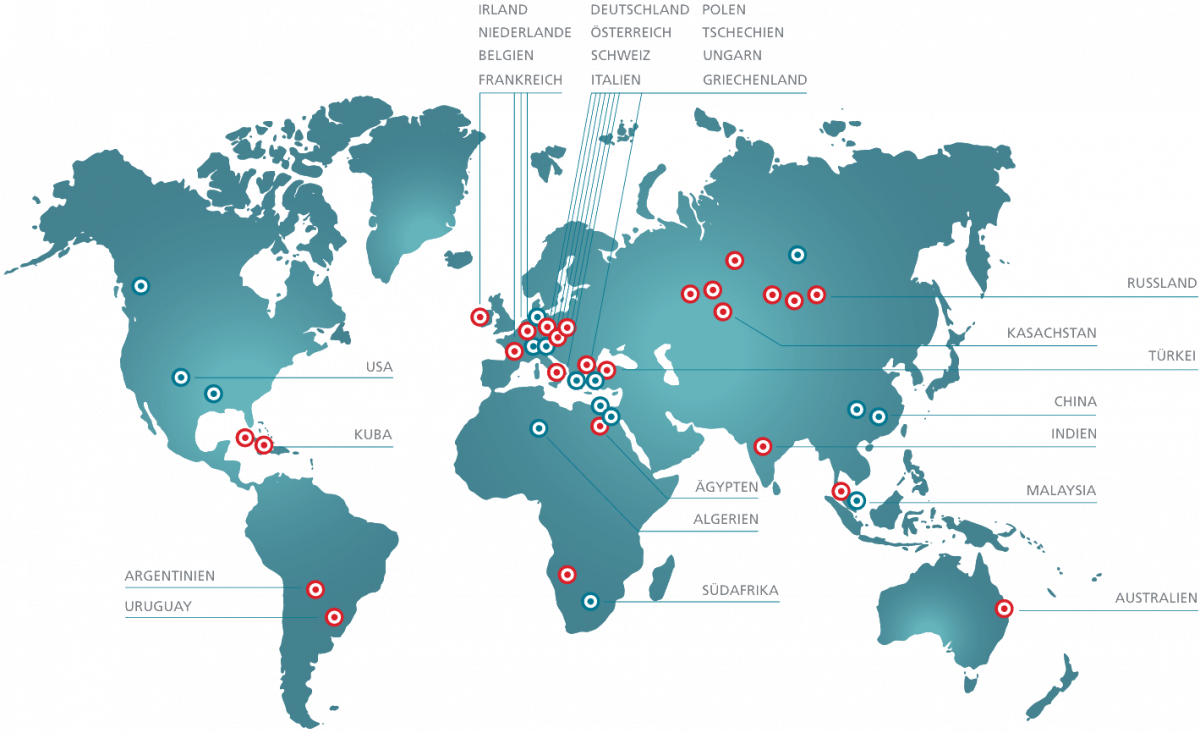 Weltkarte mit Referenzen in verschiedenen Ländern