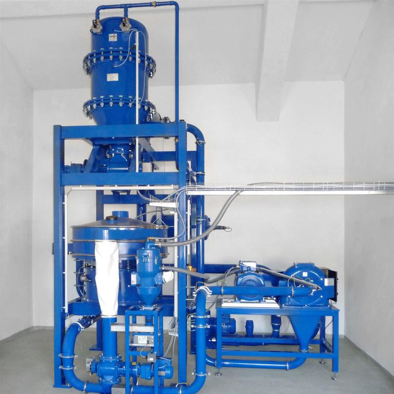 Gesamtansicht einer Kunststoffmahlanlage mit Mühle, Filter und Siebmaschine