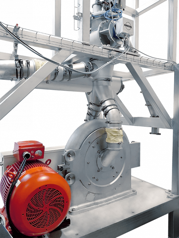 Mühle als Doppelstiftmühle zur Vermahlung von Zucker, mit Zellenradschleuse und Mühlenantrieb