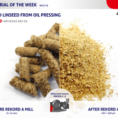 Darstellung von Leinsamen-Extrudat im Ausgangszustand und nach Vermahlung