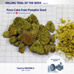 Darstellung von Kürbiskern-Presskuchen im Ausgangszustand und nach Vermahlung