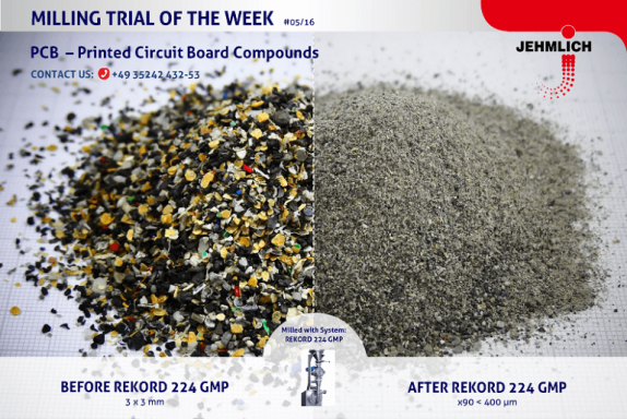 Darstellung von Leiterplatten im Ausgangszustand und nach Vermahlung zum Recycling