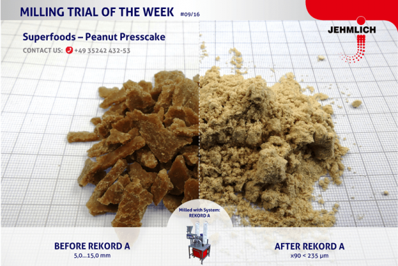 Darstellung von Erdnuss-Presskuchen im Ausgangszustand und nach Vermahlung