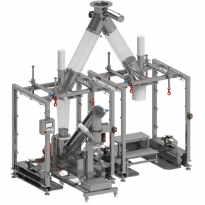 Doppel-Big-Bag-Befüllstation mit dosierter Sackbefüllung, Big-Bag-Verwiegung, Vibrationsrahmen und Blähklemme für Big-Bag-Stutzen