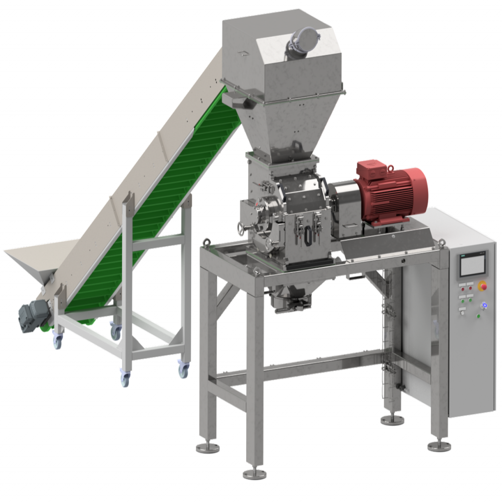 Hammer Mill HM342 Product feeding via conveyor belt with hopper